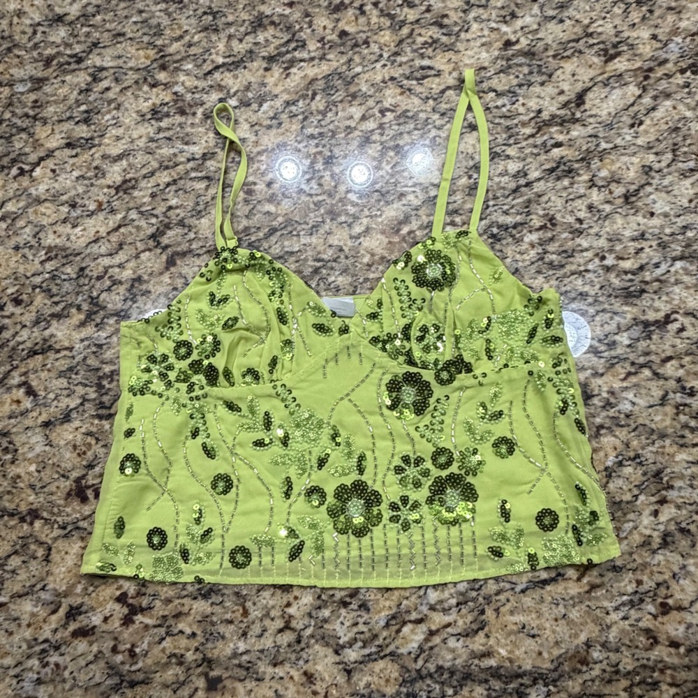 No Boundaries Lime Green Beaded Sequin Floral Cami Crop Top Small 4-6 v